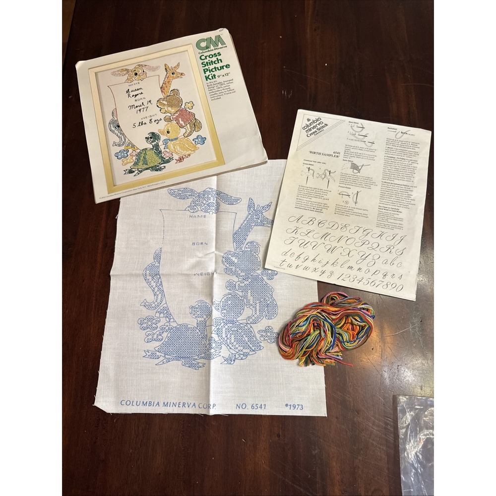 Vtg 70s Cross Stitch Kit Baby Annoucement Columbia Minerva Cute Animal Unused - Picture 3 of 4